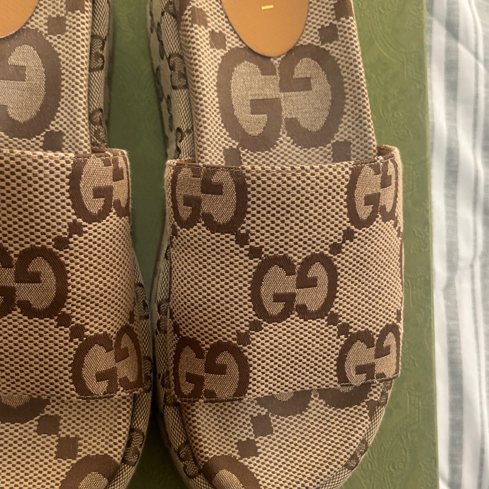 Gucci Brown & Beige GG Monogram Platform Slides - Picture 6 of 10